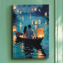 Wrapped Framed Canvas Vintage Print Wall Art Romantic Couple In Boat With Lanterns - Artful Home Decor For Living Room, Bedroom, Bathroom, Office