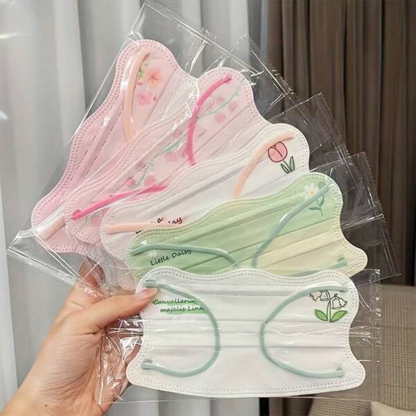 50pcs Butterfly Shape Printed Facial Mask, Matcha & Daisy Patterns, Rosy Cheek Effect, Aesthetic V-Design, Ultra-Soft Mist Fabric, Vibrant Color, Low Allergen, Electricity-Free Skincare Accessories
