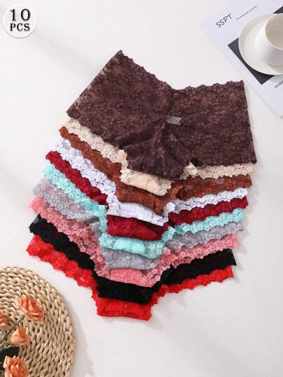 10 Stücke Damen Sexy Spitze Kombination Höschen Midhöhe nahtlos Untertrusche Bauchformend & Po-Anhebend Dehnbar Wäsche Angenehm und atmungsaktiv Sportunterwäsche