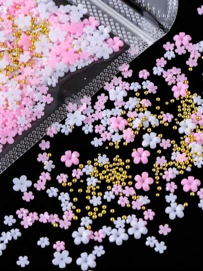 458 piezas/bolsa Decoración de uñas con mezcla de tamaños de cristales de resina de flor de cerezo, girasol, de colores rosa, blanco y negro sin olor, serie de flores de cinco pétalos de varios estilos, perlas y abalorios para uñas