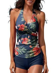 New Printed Cross Front Tankini 2pcs Tankini Set Summer - Olive Green - View 1