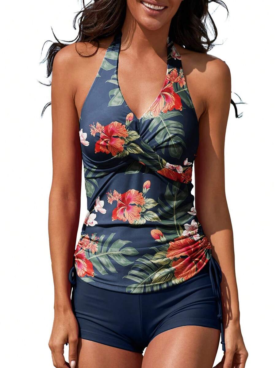 New Printed Cross Front Tankini 2pcs Tankini Set Summer - Olive Green - View 1