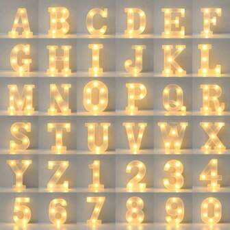 1 pieza Blanco cálido 26 letras del alfabeto y 10 números de 16 cm Luz LED iluminada, lámpara de noche alimentada por batería adecuada para boda, cumpleaños, fiesta, vacaciones o decoración del hogar