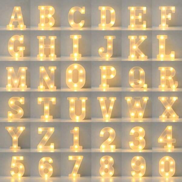 1 pièce 26 lettres de l'alphabet et 10 chiffres numériques en lumière LED blanc chaud, alimentée par batterie, taille 16cm, convient pour mariage, anniversaire, fête, vacances ou décoration de la maison, éclairage d'ambiance