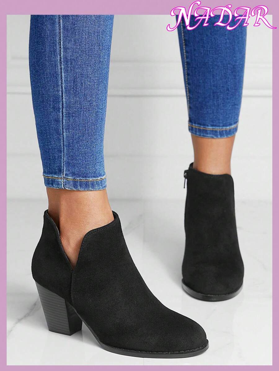 Women's Round Toe Chunky Heel Ankle Boots For Fall/Winter, Outdoor Commute Faux Suede American Short Boots