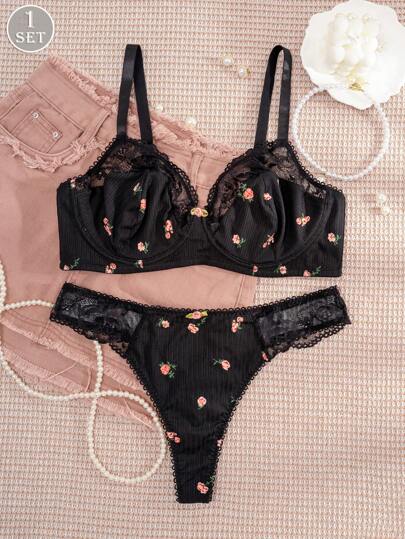 1 Conjunto de Lencería de Talla Grande para Mujer con Estampado Floral y Sólido, Encaje y Cómodo, Levanta