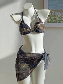 3-Piece Sexy Bikini Swimwear Set For Women, Includes Net Shawl Wrap Skirt, Strappy Back Top Swimwear With Padded Bust, Tie Side Bottom, Suitable For Summer Beach Vacation, Hot Spring