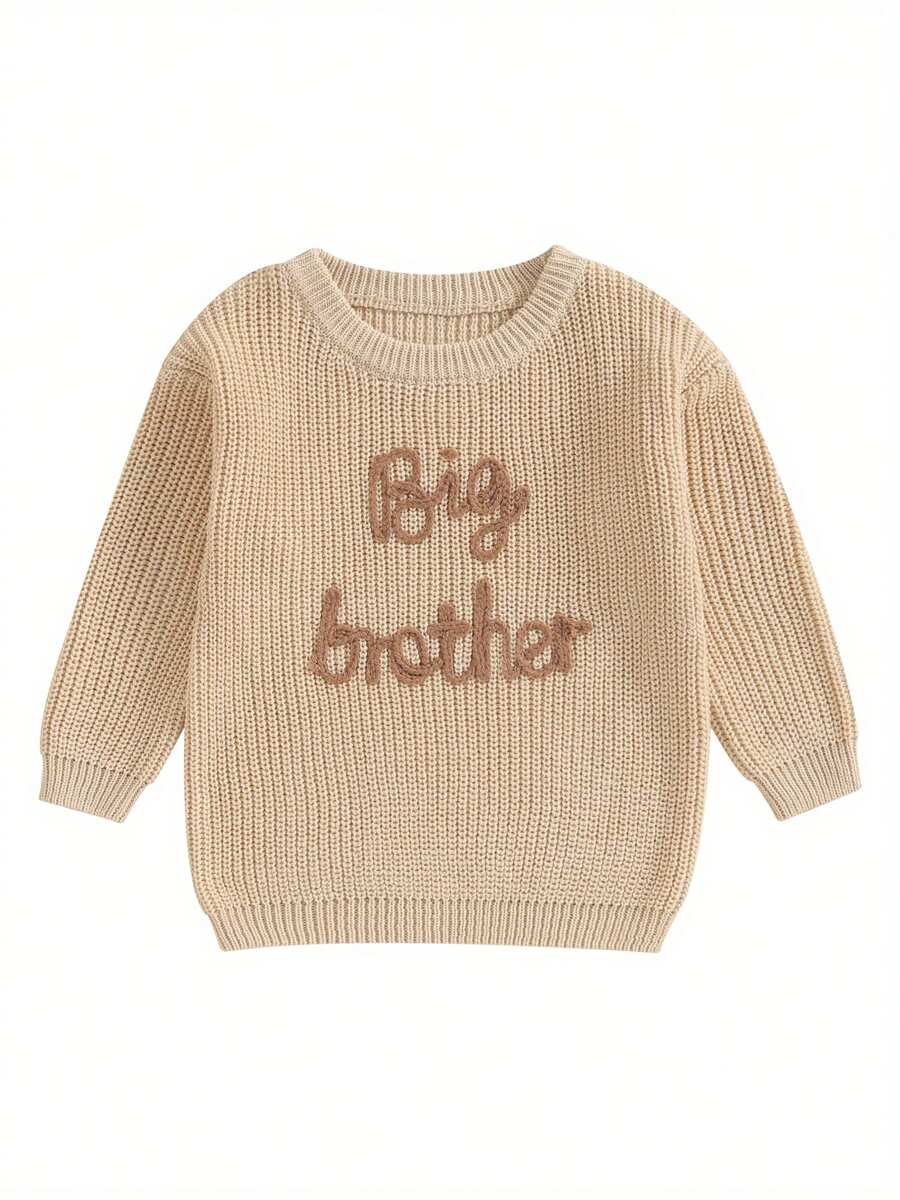 Toddler Baby Girl Boy Long Sleeve Knit Sweater Brothers Letter Embroidery Round Neck Pullover Fall Winter Tops - 卡其色 - 查看 1