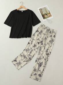 Conjunto de pijama casual de verano para mujer con top de cuello redondo de manga corta y pantalón largo con estampado floral ditsy - Multicolor - Ver 2