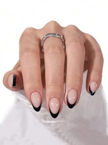 30 件/套短款杏仁黑色法式时尚设计全覆盖假指甲贴片按压式美甲用品适合办公室女士、派对和日常佩戴全覆盖假指甲贴片 + 1 瓶果冻凝胶 + 1 个指甲锉装饰你的指甲提升你的时尚品味指甲