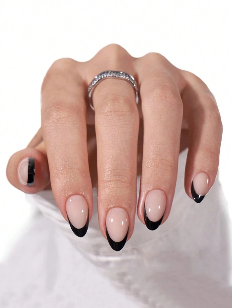 30 件/套短款杏仁黑色法式时尚设计全覆盖假指甲贴片按压式美甲用品适合办公室女士、派对和日常佩戴全覆盖假指甲贴片 + 1 瓶果冻凝胶 + 1 个指甲锉装饰你的指甲提升你的时尚品味指甲