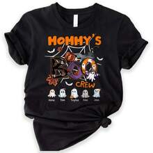 Camiseta personalizada de la tripulación del pequeño Boo de mamá Camiseta divertida de Halloween para mamá Camiseta de otoño para mamá Nombre personalizado para niños de Halloween - Negro - Ver 1