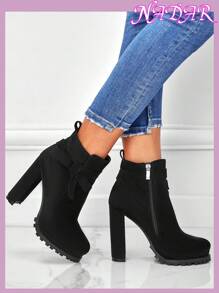 Women's Autumn/Winter Side Zipper Butterfly Decor Waterproof Platform Round Toe Anti-Slip High Heel Ankle Boots, Fashionable & Versatile Suede-Like Short Booties,Boots For Women