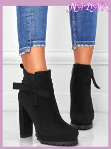 Women's Autumn/Winter Side Zipper Butterfly Decor Waterproof Platform Round Toe Anti-Slip High Heel Ankle Boots, Fashionable & Versatile Suede-Like Short Booties,Boots For Women