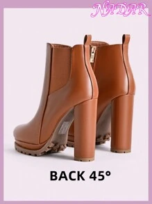 女士圆头侧拉链舒适高跟踝靴，切尔西通勤百搭PU短靴，秋冬季，女士厚底高跟鞋 - 棕色 - 查看 6