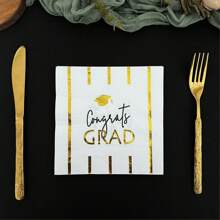 16 件/包，华丽的毕业派对餐巾一次性，3 层厚，软纸，铝箔印刷毕业和印刷祝贺纸餐巾装饰，适合毕业庆祝派对餐具，13*13 英寸，展开 - 金色 - 查看 8