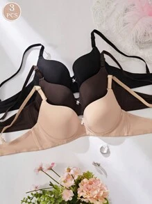 3PCS Lady's Comfortable Casual Wired Soft Cup Solid Lingerie Bra - Multicolor - View 3