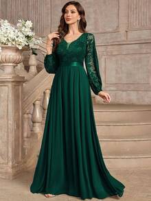 MIUSOL Đầm dạ hội maxi ren hoa thanh lịch, cổ chữ V sâu, tay phồng, viền bèo nhún. - Màu xanh lá cây đậm - Xem 7