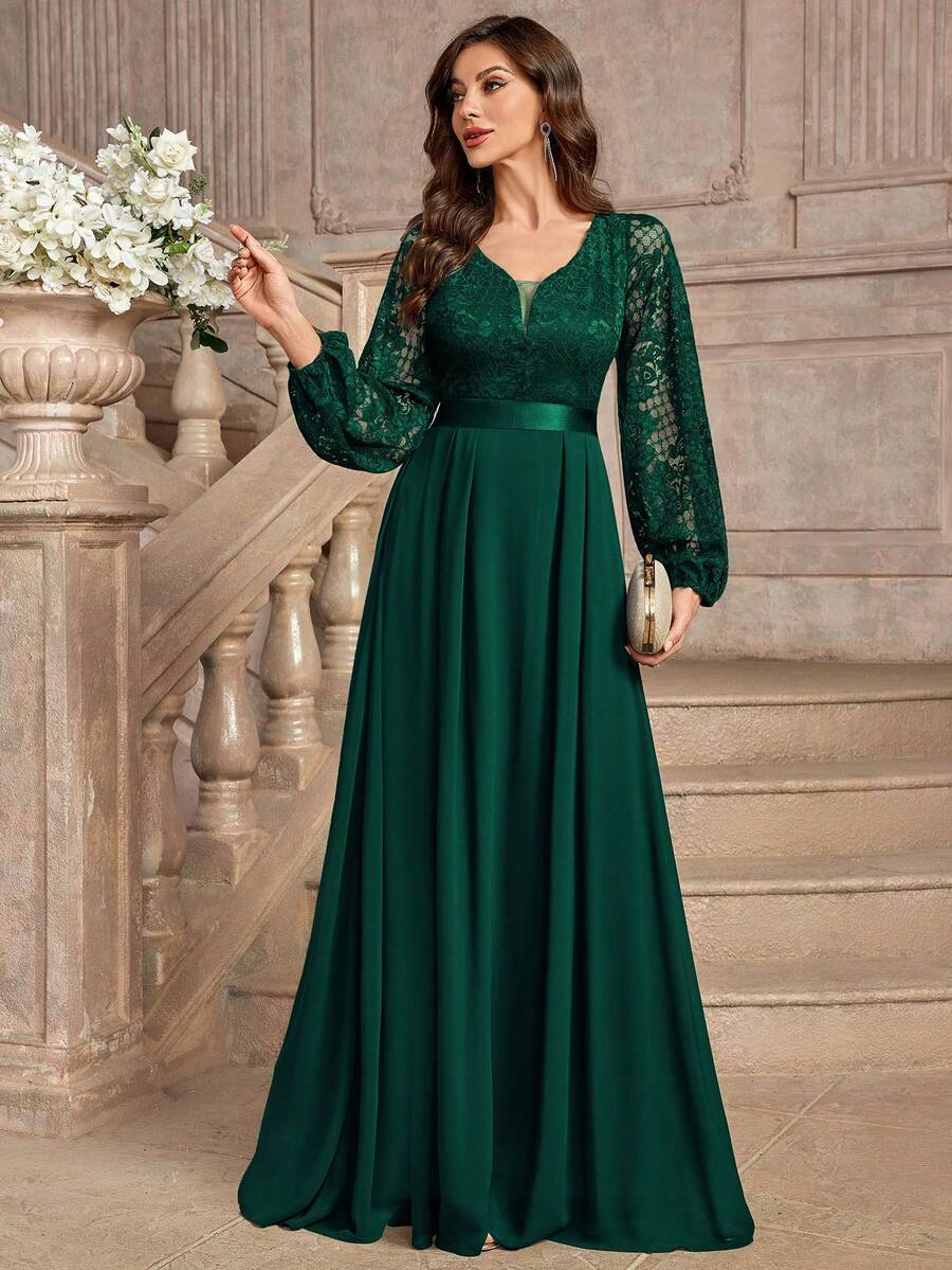 MIUSOL Đầm dạ hội maxi ren hoa thanh lịch, cổ chữ V sâu, tay phồng, viền bèo nhún.