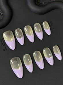 Press-On Artificial Nails With Purple Glitter Handmade Design, Manicure Accessories