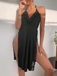 Women'S Sexy Lingerie V-Neck Lace Detail Backless Pajama Dress, Thigh Slit Knit Polyester Slip With Contrast Lace, All-Season Comfort, 95% Polyester 5% Spandex, Perfect For Valentine'S Day & Christmas Gifts - Black - View 3