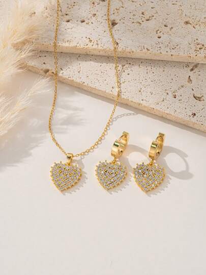 3件套不锈钢心形项链耳环套装，时尚法式嘻哈简约百搭风，适合日常佩戴、街头风、情人节、派对、节日等场合。