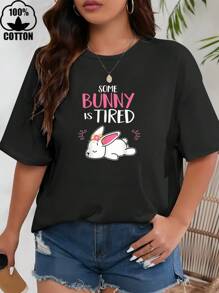 Happy Valentine'S Day Women's Cute Easter Bunny T-Shirt, Women's 220g Round Neck Casual Heavy Pure Cotton T-Shirt (1 PC) - Black - View 1