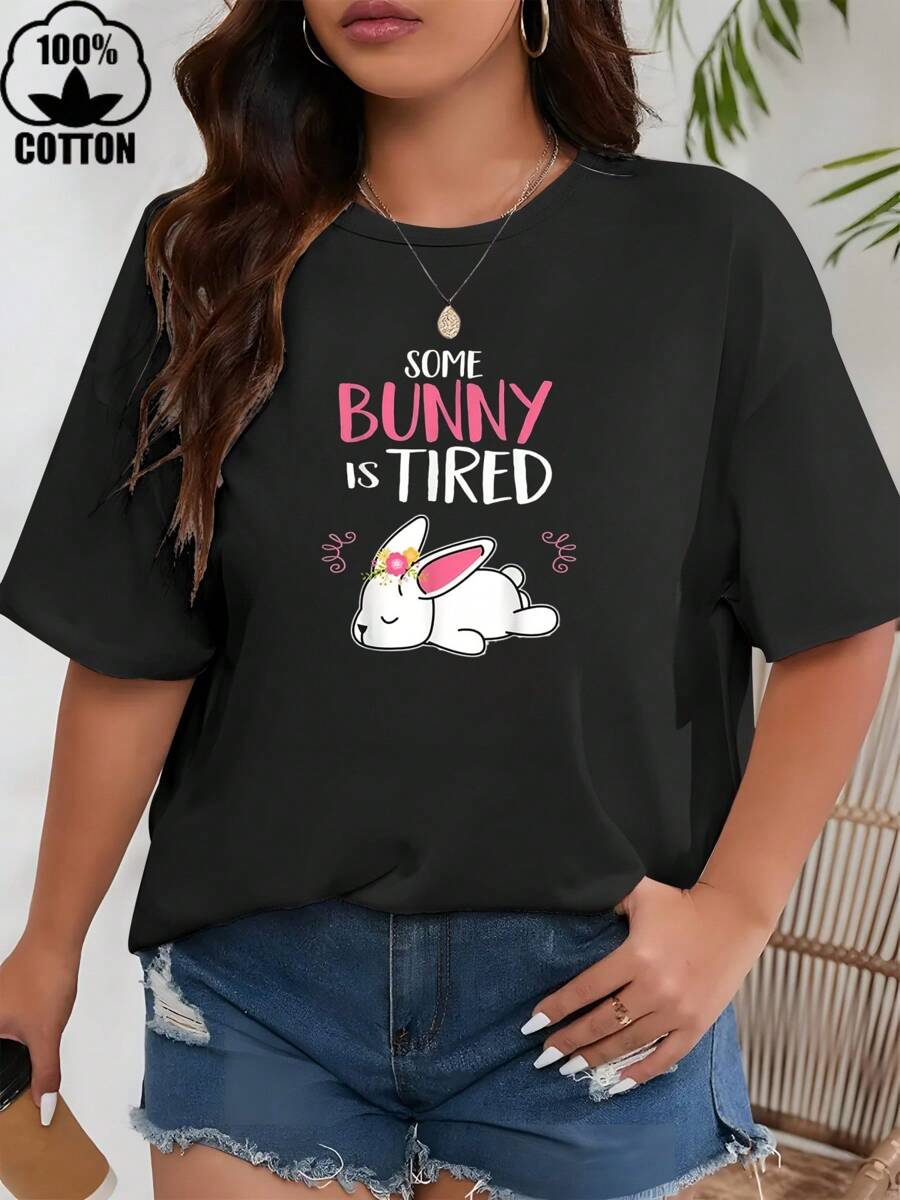 Happy Valentine'S Day Women's Cute Easter Bunny T-Shirt, Women's 220g Round Neck Casual Heavy Pure Cotton T-Shirt (1 PC) - Black - View 1