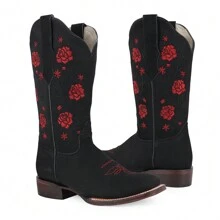 Botas Vaqueras para Mujer con Bordado Floral de Media Pantorrilla, Comodas en Piel de Res Autentica - Negro - Ver 7