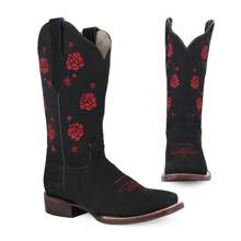 Botas Vaqueras para Mujer con Bordado Floral de Media Pantorrilla, Comodas en Piel de Res Autentica - Negro - Ver 3