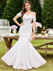 MIUSOL 白色花朵蕾丝露肩鱼尾下摆婚礼派对修身长裙，新娘