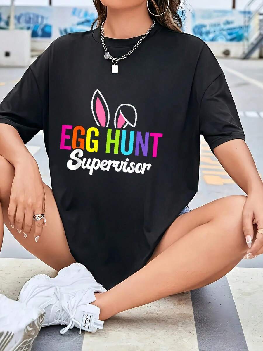 Supervisor de búsqueda de huevos, orejas de conejo a juego de Pascua, camiseta de cazador de huevos: camiseta informal de cuello redondo de manga corta impresa, cómoda y de corte relajado para primavera y verano