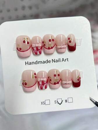 10Pcs Hand-Painted Cherry Blossom Bow Decor French Manicure False Nails, Petite Size, Pink Color, Handmade, Reusable Nail Tips Press On Nails Nail Supplies Nails
