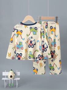 2pcs/Set Young Boys Spring/Autumn Thin Sleepwear, Excavator Print Long Sleeve Top And Pants Homewear Set With Cartoon Print