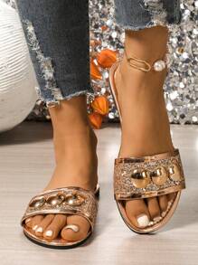 Nuevos y de moda Chanclas con brillo, sandalias cómodas de deslizar para el verano, diapositivas de de alta gama - Champán - Ver 5