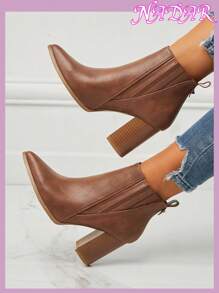 Women's Autumn/Winter Fashion Pointed Toe Chunky Heel Anti-Slip Chelsea Boots, Outdoor/Commute Artificial Leather Short Boots,Boots For Women - Brown - View 8