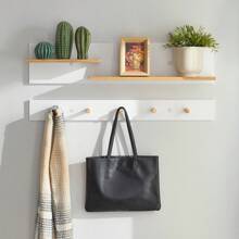 SoBuy Cabideiro de parede FHK21-WN de 2 peças com prateleiras e 5 ganchos, prateleira de parede, cabideiro para corredor, ganchos para roupas, prateleira suspensa, guarda-roupa, branco-natural