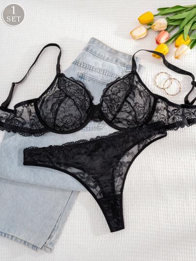 1 pieza Conjunto de lencería con sujetador acolchado y panty de encaje de unicolor para mujer de talla grande, con efecto levantador