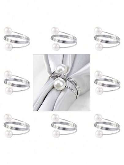 4pcs Silver Napkin Rings Elegant Pearl Napkin Rings Metal Napkin Rings Holder Buckles For Christmas Thanksgiving Party Family Gathering Dinner Table Decor