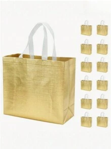 5pcs Reusable Gold Color Glossy Handle Shopping Tote Bag, Large Gift Bag For Weddings, Birthdays, Parties, Made Of Non-Woven Fabric