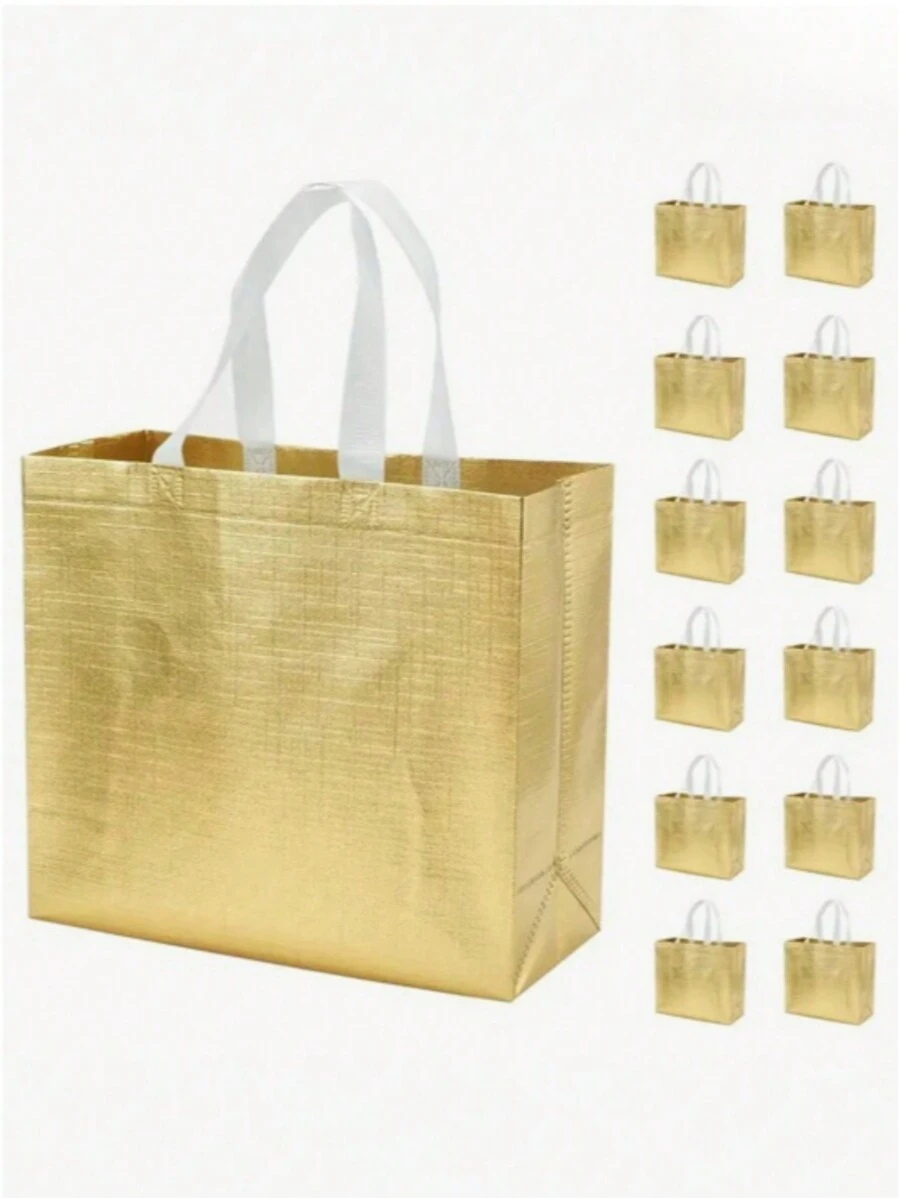 5pcs Reusable Gold Color Glossy Handle Shopping Tote Bag, Large Gift Bag For Weddings, Birthdays, Parties, Made Of Non-Woven Fabric