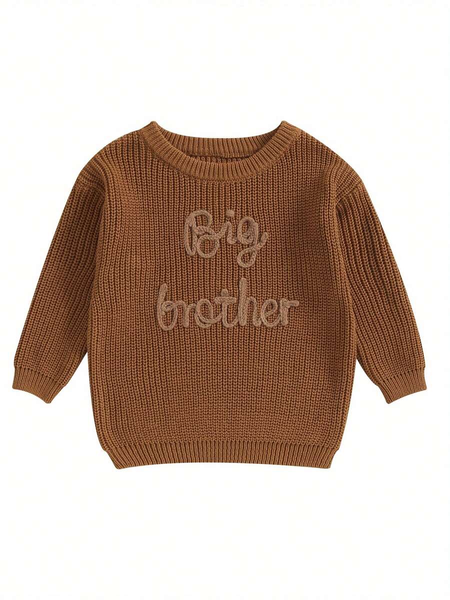 Toddler Baby Girl Boy Long Sleeve Knit Sweater Brothers Letter Embroidery Round Neck Pullover Fall Winter Tops - Màu nâu Mocha - Xem 1