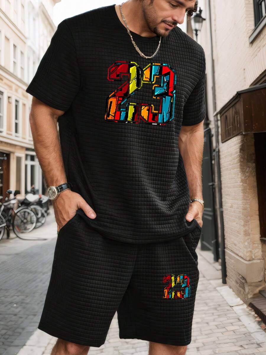 Men's Casual Sports Suit Set, Round Neck Short Sleeve Fashion Printed T-Shirt & Elastic Waist Sports Shorts With Pockets, Knitted Jacquard Fabric - Black - View 1