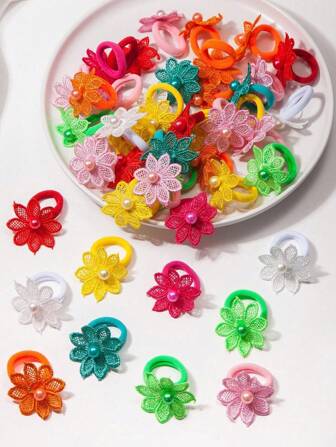 20pcs Girls Colorful Mesh Flower Beaded Hair Scrunchies, Cute Hair Ties Accessories, Baby Girls Hair Decorations