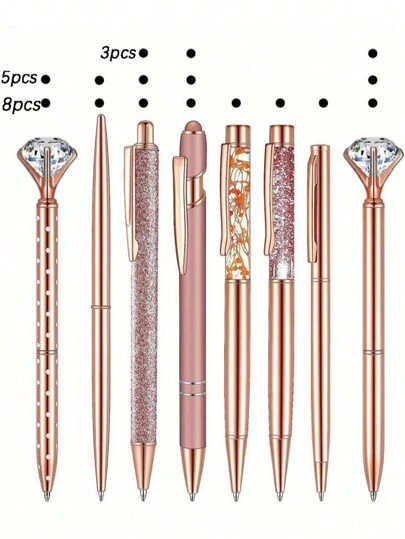Set de 3/5/8 piezas de bolígrafos de bola de color oro rosa con líquido brillante, decoración de rhinestone y cristal, tinta negra, útiles de oficina y escolares, ideal para bodas