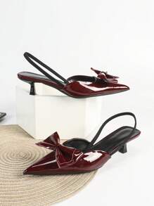 女士酒红色高跟鞋，4厘米猫跟，适合派对和正式场合，套脚式无后跟尖头高跟鞋，蝴蝶结松紧带