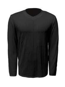 男士 V 领长袖 T 恤 - 休闲黑色提花针织，弹性轻盈，适合春秋季户外穿着