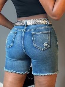 Women's Summer Casual Single Breasted Mid Waist Denim Shorts With Stretch And Distressed Linen Denim Shorts (Without Waistband) - 淺色水洗藍 - 查看 6