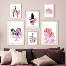 1 件装指甲油美甲灯美容院女孩花朵北欧海报粉色墙壁艺术印刷帆布画客厅装饰无框 - 彩色 - 查看 1