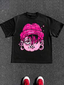 Sports Emo Cartoon Monster Pink Design Round Neck Short Sleeve T-Shirt (Single Piece)100% Cotton 220g Heavy Cotton T Shirt